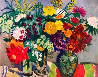 Sergei Missan Oil, Still Life of Flowers, Three Vases, 1963