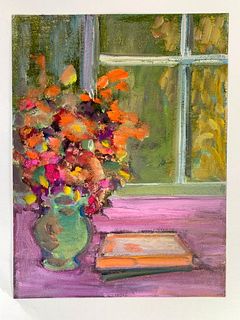 Algesa O'Sickey Oil, Still life with Vase of Flowers and Books