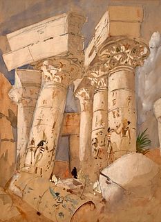 Hercules Brabazon Brabazon Watercolor, Thebes: Ancient Ruins with Figures