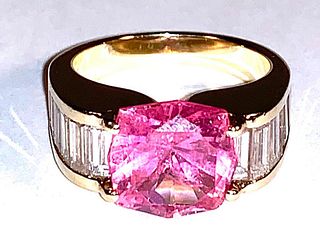 Ladies 14K Gold Pink Tourmaline and Diamond Ring