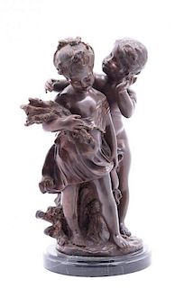 A Continental Bronze Figural Group Height overall 16 1/4 inches.