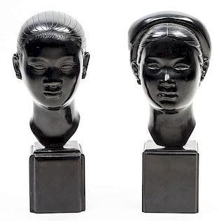 A Pair of Continental Bronze Busts Height of bronze 7 1/2 inches.