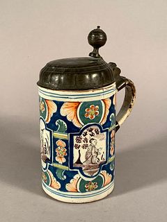 A Continental Faience Pewter Mounted Tankard, 18thc.Chinoiserie
