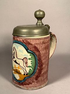 A Continental Faience Pewter Mounted Tankard