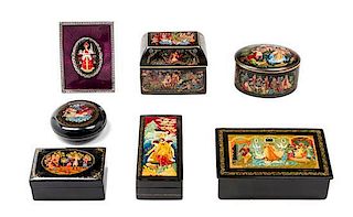 A Group of Russian Lacquered Boxes Height of tallest 3 1/4 inches.