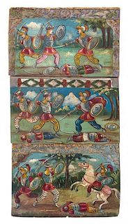 * Three Sicilian Painted Donkey Cart Panels Height of first 12 1/2 x width 19 inches.