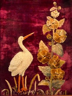 Victorian Textile Picture, Stork and Hollyhock, 19thc.