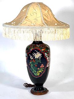 Chinese Cloisonne Table Lamp with Silk Fringe Shade