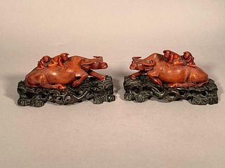 Pair of Chinese Boxwood Carved Water Buffalo