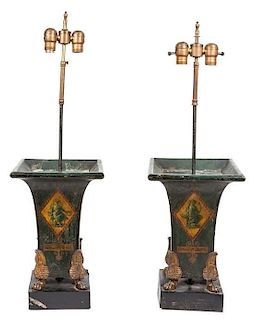 A Pair of Tole Urns Height 32 1/4 inches.