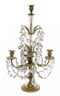 A Gilt Metal and Glass Five-Light Candelabrum Height 18 1/4 inches.