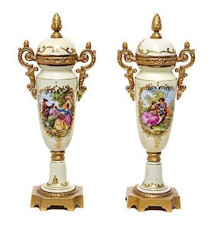 * A Pair of Continental Gilt Metal Mounted Vases Height 12 1/2 inches.