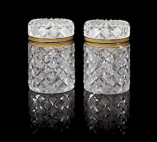 * A Pair of French Gilt Metal Mounted Cut Glass Cigarette Canisters Height 4 inches.