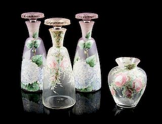 * A Group of Three Painted Glass Decanters Height of decanters 9 1/4 inches.