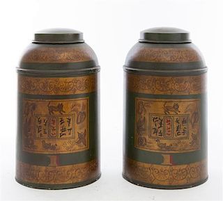 * A Pair of Tole Tea Canisters Height 10 1/2 inches.