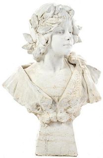 An Art Nouveau Style Painted Concrete Bust Height 23 1/2 inches.