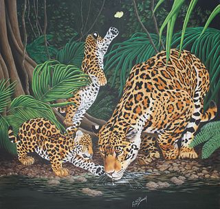 R.G. Finney (B. 1941) "Jaguar and Cubs"
