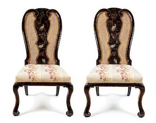 A Pair of Queen Anne Style Chinoiserie Lacquered and Cane Upholstered Side Chairs Height 44 1/2 inches.