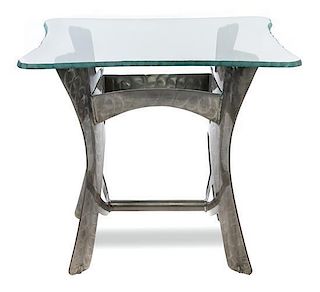 A Brushed Aluminum and Glass Side Table Height 22 x width 25 x depth 25 inches.