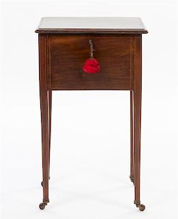 * A George III Mahogany and Satinwood Work Table Height 26 1/2 x width 15 1/4 x depth 12 inches.