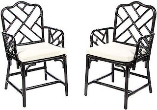 A Pair of Chinese Chippendale Style Black Painted Armchairs Height 36 1/2 inches.