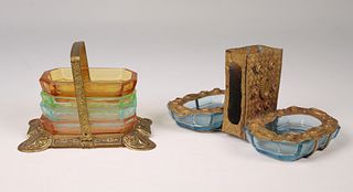 Antique Cut Glass Individual Ashtrays & Match Set