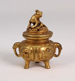 Antique Chinese Gilt Bronze Tri-Footed Censer