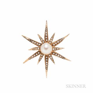 14kt Gold and Cultured Pearl Star Brooch