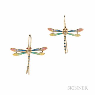 18kt Gold and Plique-a-jour Enamel Dragonfly Earrings