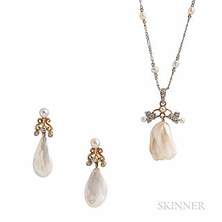 Antique Freshwater Pearl Pendant and Earrings
