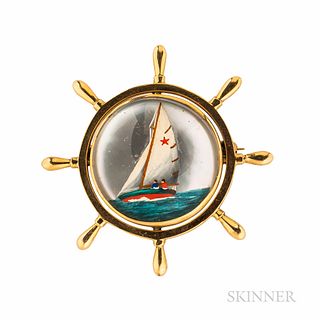 14kt Gold and Reverse-painted Crystal Sailboat Brooch
