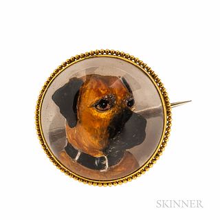 Antique Gold and Reverse-painted Crystal Dog Brooch