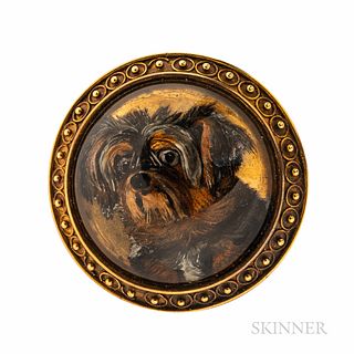 Antique Gold and Reverse-painted Crystal Terrier Brooch