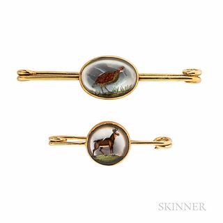 Two 14kt Gold and Reverse-painted Crystal Brooches