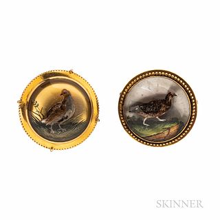 Two Antique Gold and Reverse-painted Crystal Gamebird Brooches