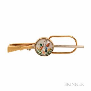 14kt Gold and Reverse-painted Crystal Duck Hunting-themed Tie Bar