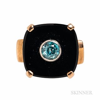 14kt Gold, Blue Zircon, and Onyx Ring