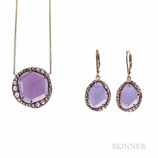 Amethyst, Pink Sapphire, and Diamond Pendant and Earrings