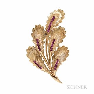 18kt Gold and Ruby Leaf Brooch