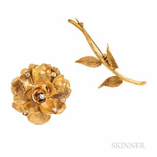 14kt Gold and Diamond Rose Brooch