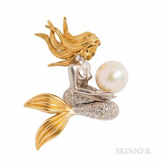 14kt Gold, Cultured Pearl, and Diamond Mermaid Brooch
