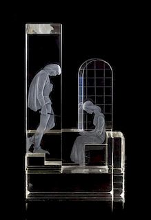 * A Kosta Cut and Etched Glass Sculpture of Romeo and Juliet Height 20 x width 11 x depth 5 inches.