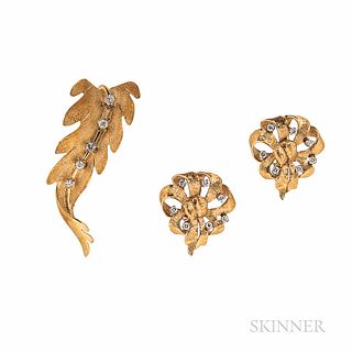 14kt Gold and Diamond Leaf Brooch and Earrings