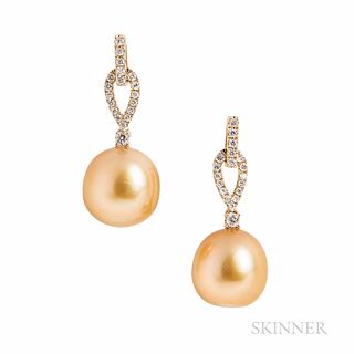 18kt Gold, Golden South Sea Pearl, and Diamond Earrings