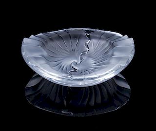 A Lalique Molded and Frosted Glass Ash Receiver Width 8 inches.