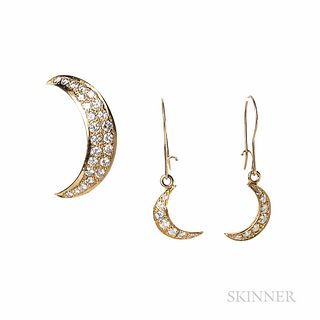 A.G.A. Correa & Son 18kt Gold and Diamond Crescent Moon Pendant/Brooch and Earrings