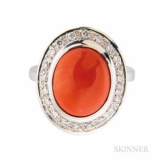 18kt White Gold, Coral, and Diamond Ring