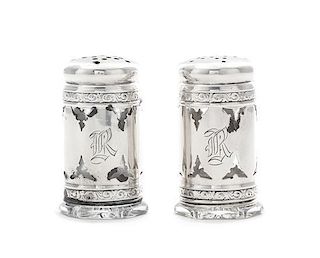 A Pair of Silver Mounted Glass Casters, Probably American, 20th Century, engraved with initial R