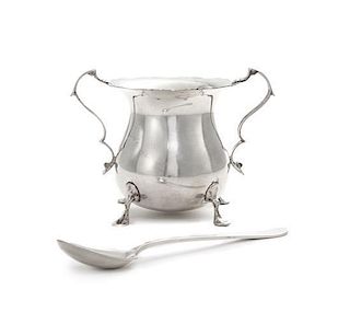 An American Silver Sugar Bowl, Mueck-Carey Co., New York, NY, Circa 1940, baluster from with scroll handles, raised on four pad