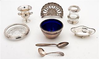 * Eight Silver and Silver Mounted Table Articles, Various Makers, Primarily American, comprising a bowl with a cobalt glass line